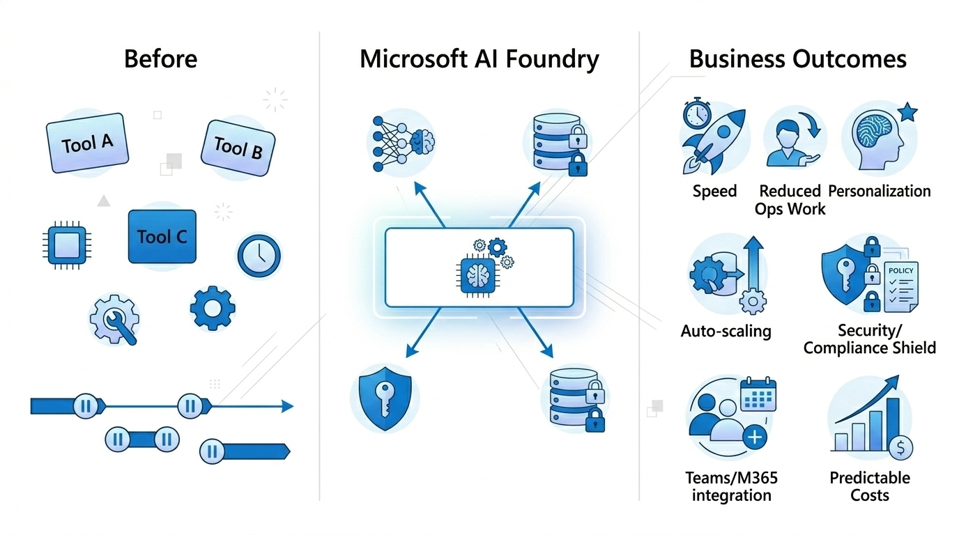Microsoft AI Foundry business outcomes showing faster AI delivery, lower operational overhead, and enterprise security