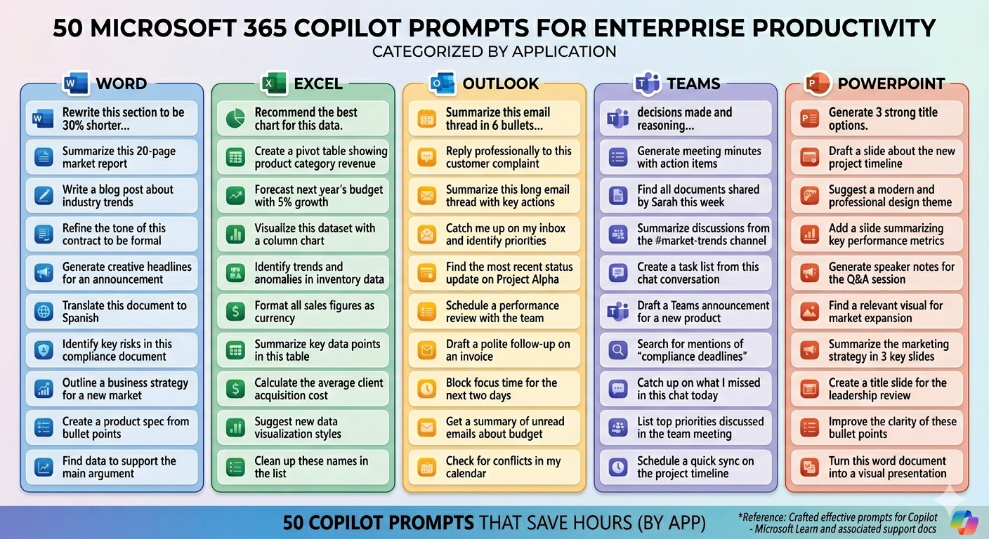 50 Microsoft 365 Copilot prompts organized by application across Word, Excel, Outlook, Teams, and PowerPoint