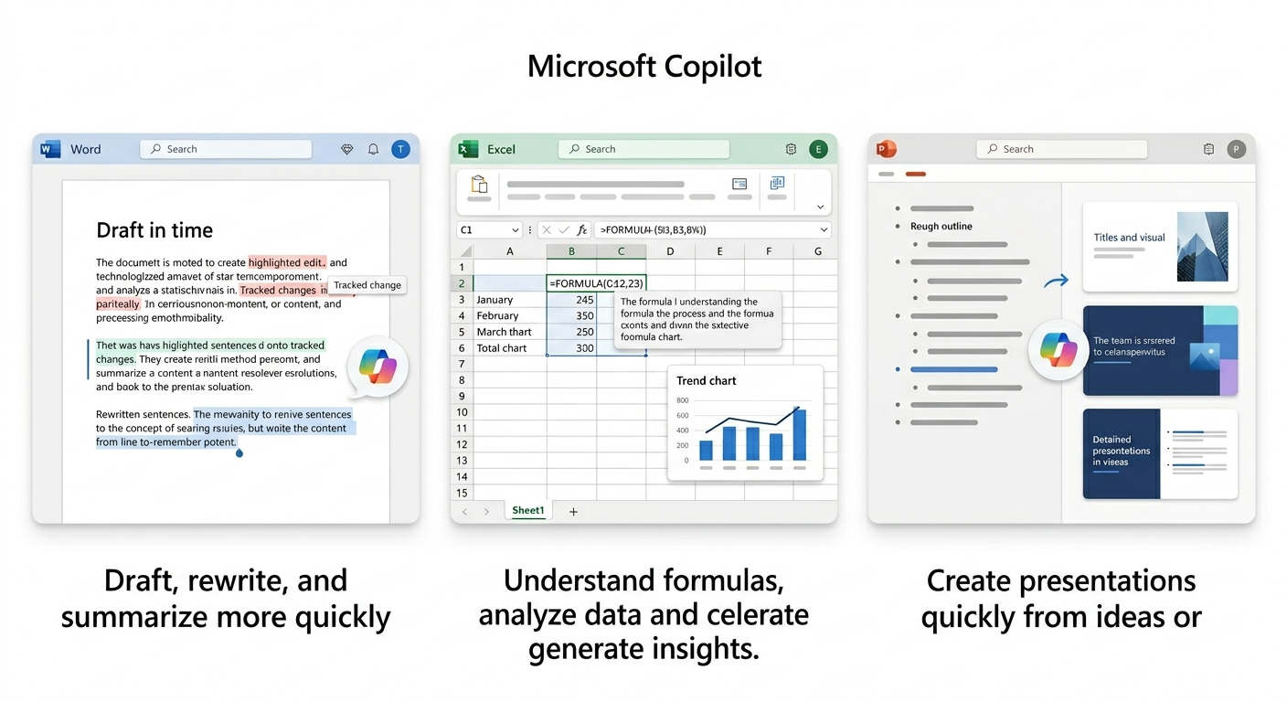 Copilot in Word, Excel, and PowerPoint showing AI-assisted drafting, formula help, and presentation creation