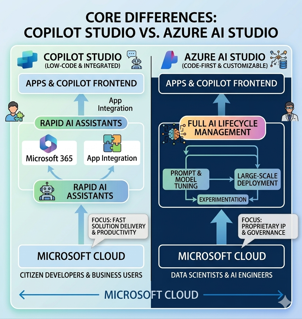 Copilot Studio vs Azure AI Studio comparison showing platform strengths, use cases, and decision criteria