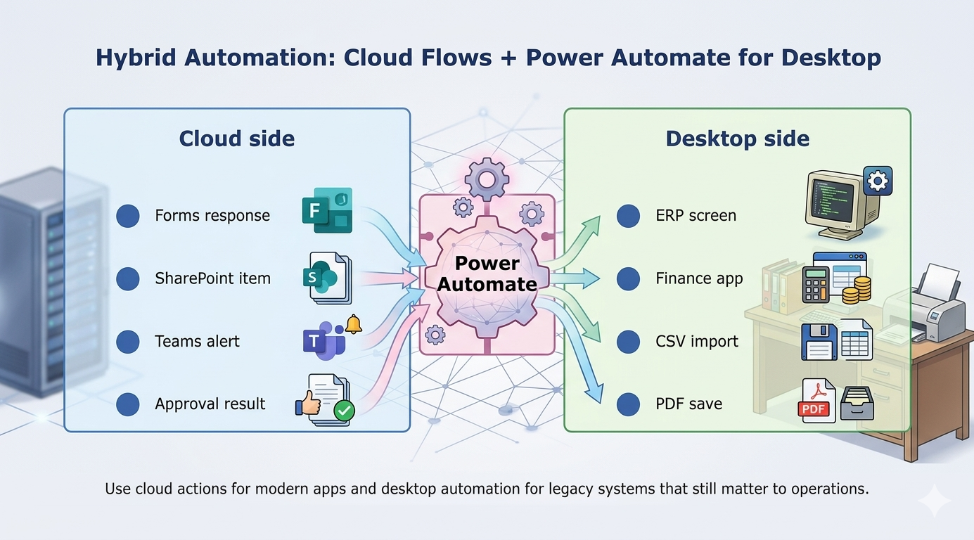 Hybrid automation model combining cloud flow orchestration with Power Automate for desktop for legacy apps