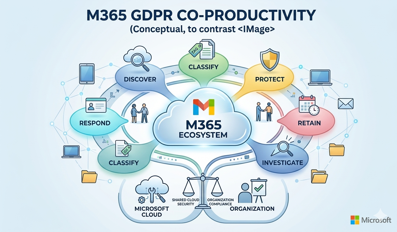 M365 GDPR workflow showing discovery, classification, protection, retention, investigation, and response stages