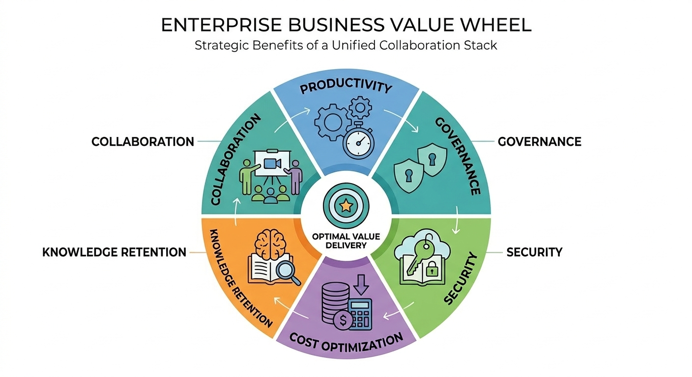 Enterprise business value wheel visualizing productivity, governance, security, cost optimization, knowledge retention, and collaboration outcomes
