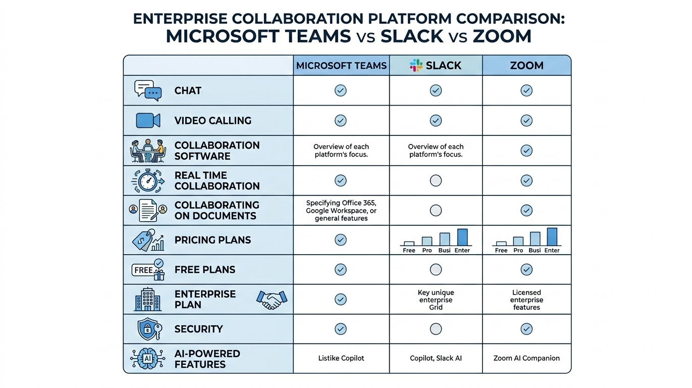 Microsoft Teams vs Slack vs Zoom comparison chart covering chat, meetings, collaboration software, pricing, security, and AI features