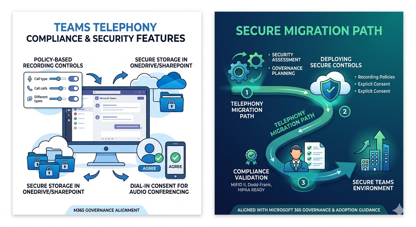 Legacy PBX replacement visual showing Teams Phone cloud architecture with Calling Plans, Operator Connect, Direct Routing, and certified devices