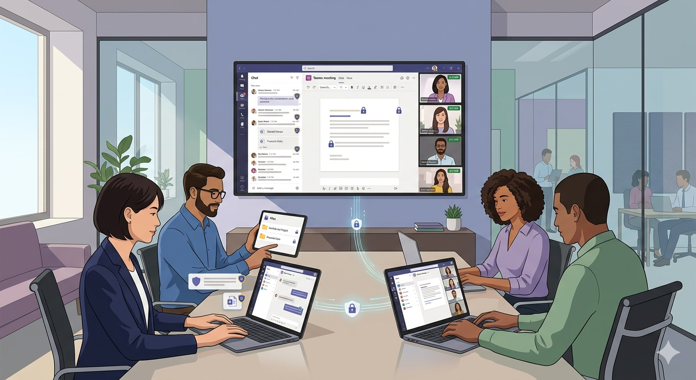 Introductory Teams security visual representing secure collaboration for hybrid teams