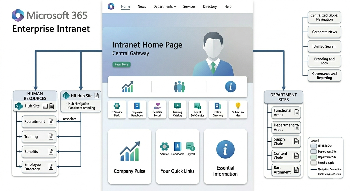 SharePoint intranet homepage showing task-focused navigation and employee experience
