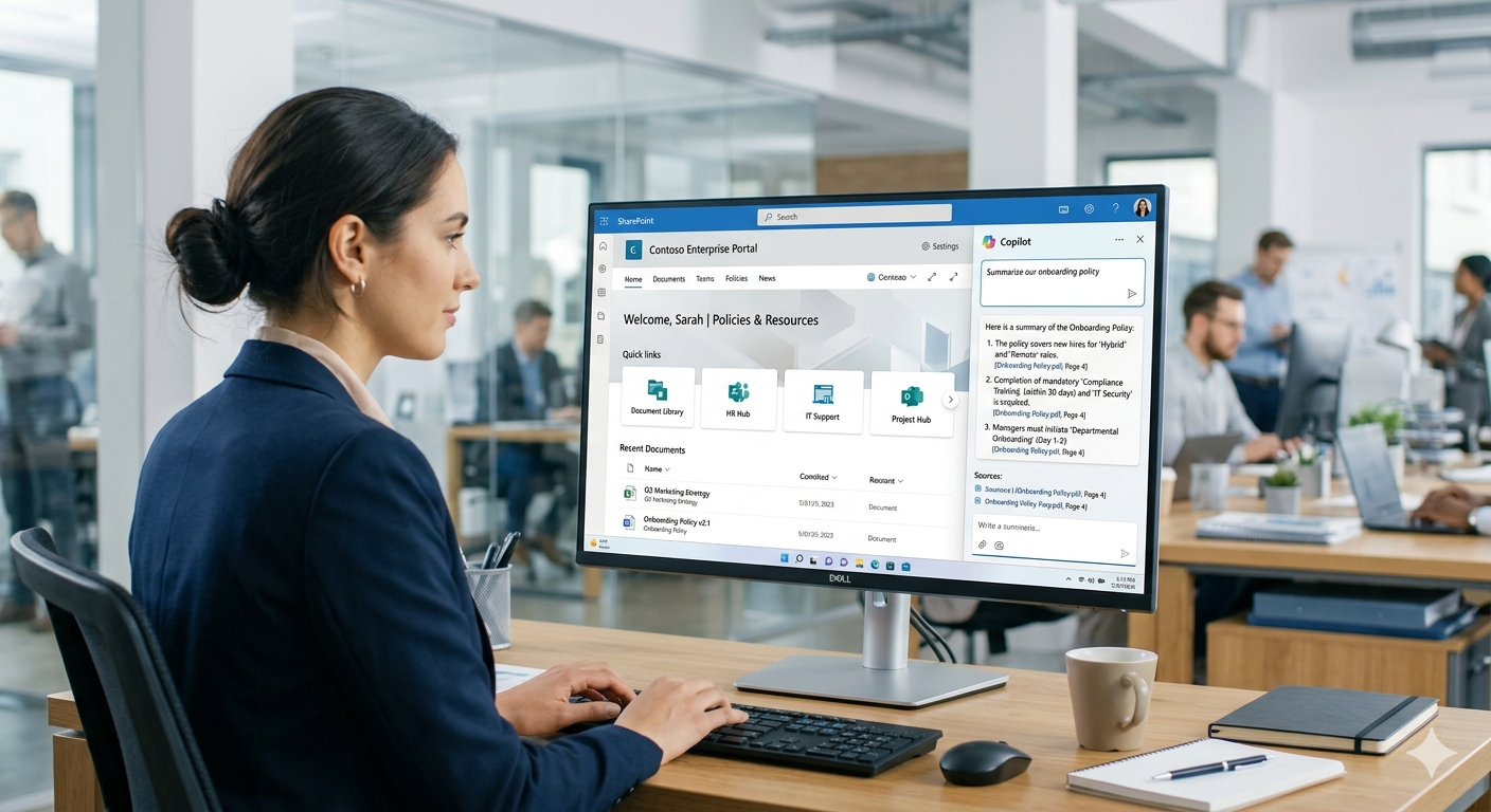 SharePoint interface showing where Copilot and scoped agent experiences fit in daily work