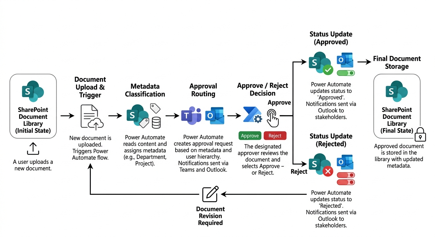 Automated SharePoint document approval workflow with tracked statuses