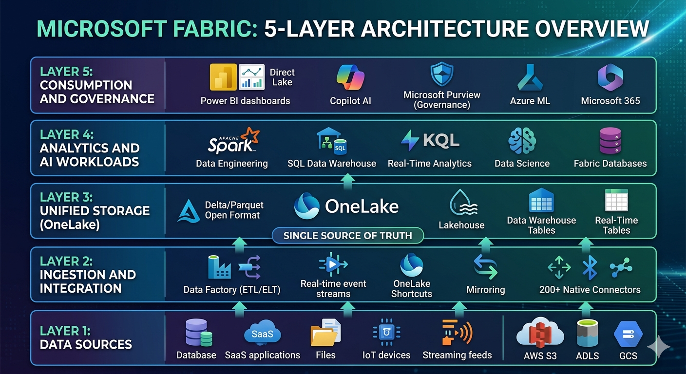 Microsoft Fabric five-layer architecture overview with data sources, ingestion, OneLake, analytics, and governance