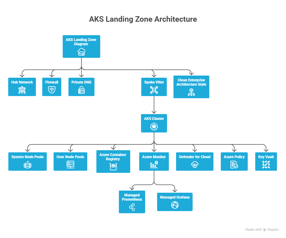 AKS landing zone architecture showing hub network, firewall, private DNS, spoke VNet, AKS cluster with node pools, Azure Container Registry, Azure Monitor, Defender for Cloud, and Key Vault