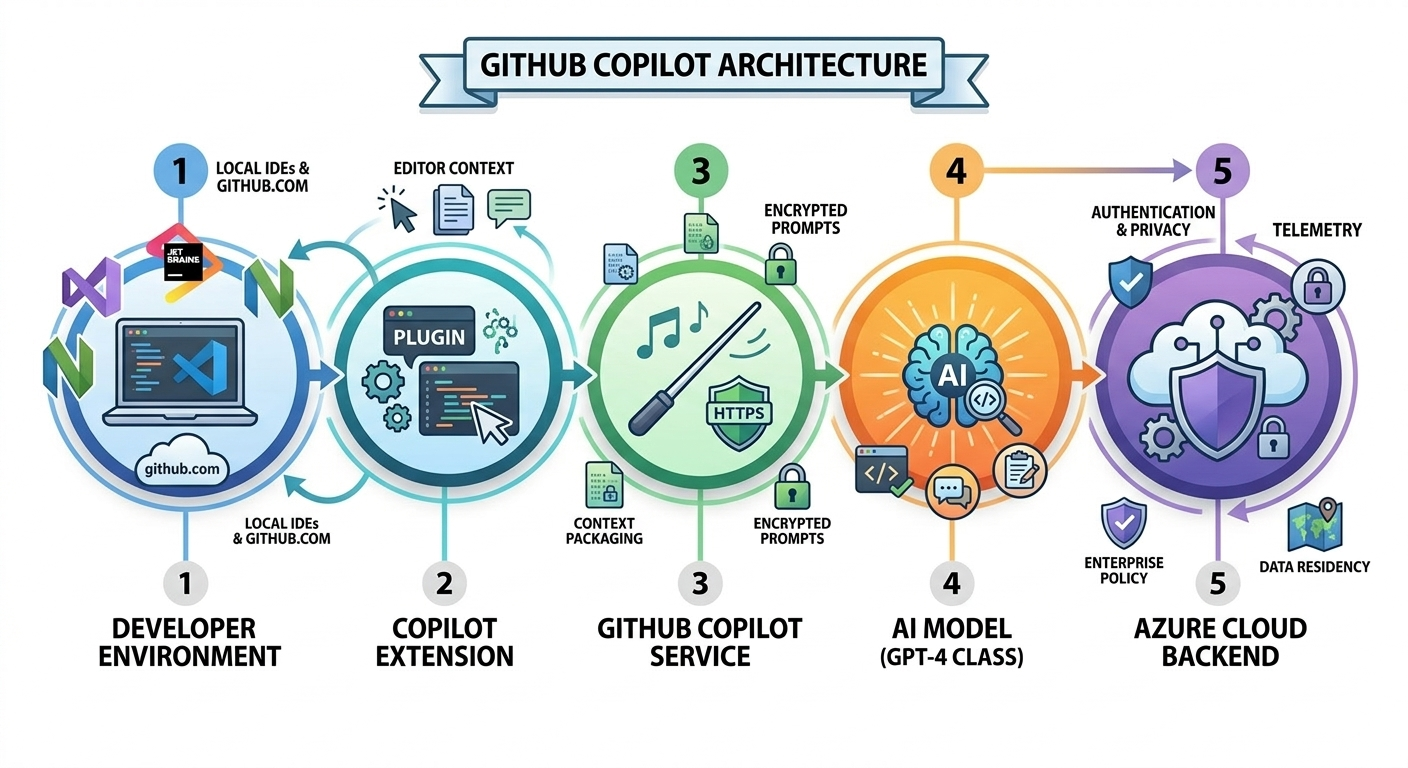 GitHub Copilot architecture showing the five-layer design: developer environment, Copilot extension, GitHub Copilot service with encrypted prompts, GPT-4 AI model, and Azure Cloud backend
