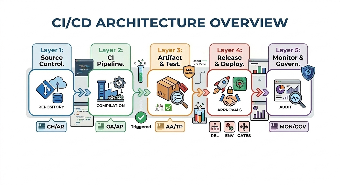 GitHub and Azure DevOps complementary ecosystem showing code collaboration, pipelines, traceability flow, and governed deployments