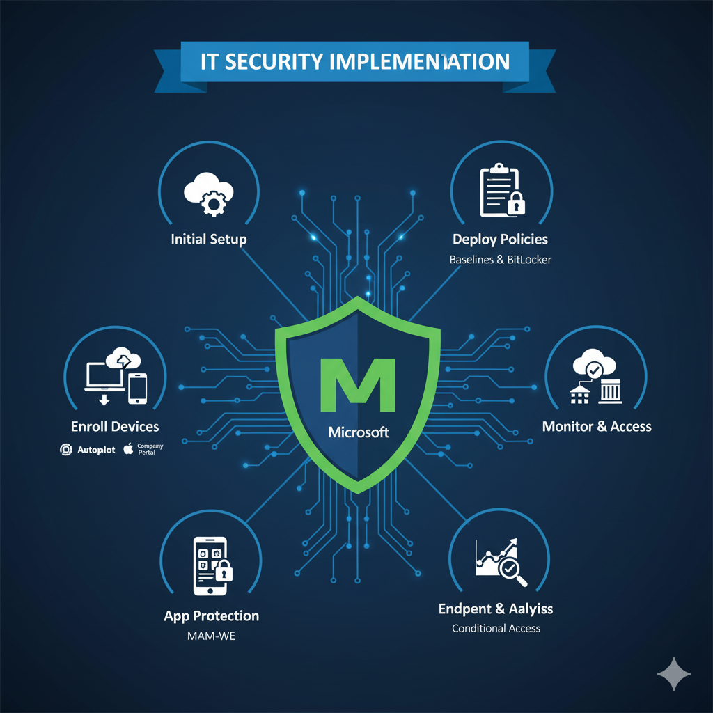 IT security implementation flow showing enrollment, baseline setup, policy deployment, app protection, monitoring, and endpoint analysis