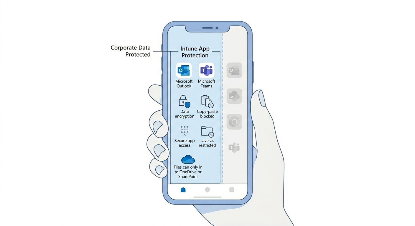 Intune MAM app protection for BYOD showing corporate app data controls, encryption, and restricted sharing on personal mobile devices