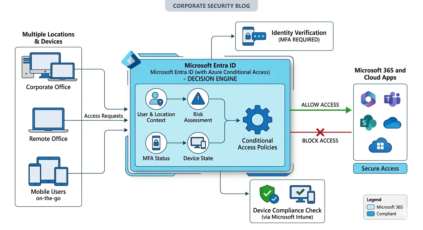 Entra ID Conditional Access decision engine showing user context, risk assessment, MFA status, and Intune device compliance checks before allowing or blocking Microsoft 365 and cloud app access