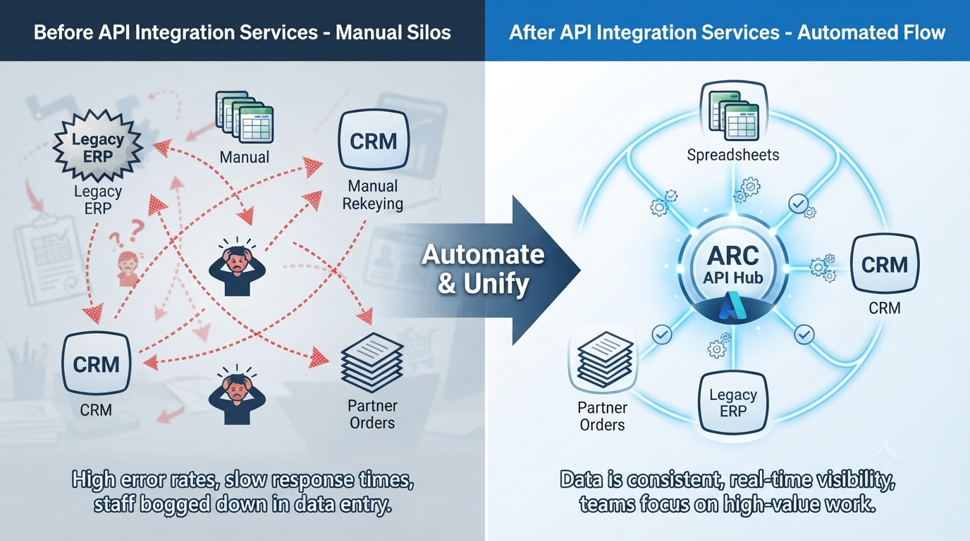 Before and after API integration services visual showing manual silos replaced by automated unified flow