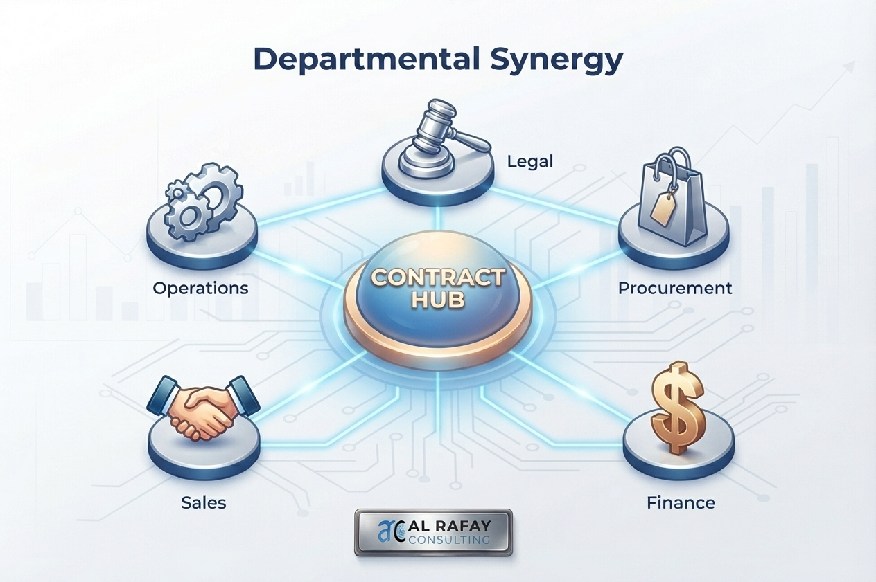 Departmental synergy around a contract hub across legal procurement finance sales and operations