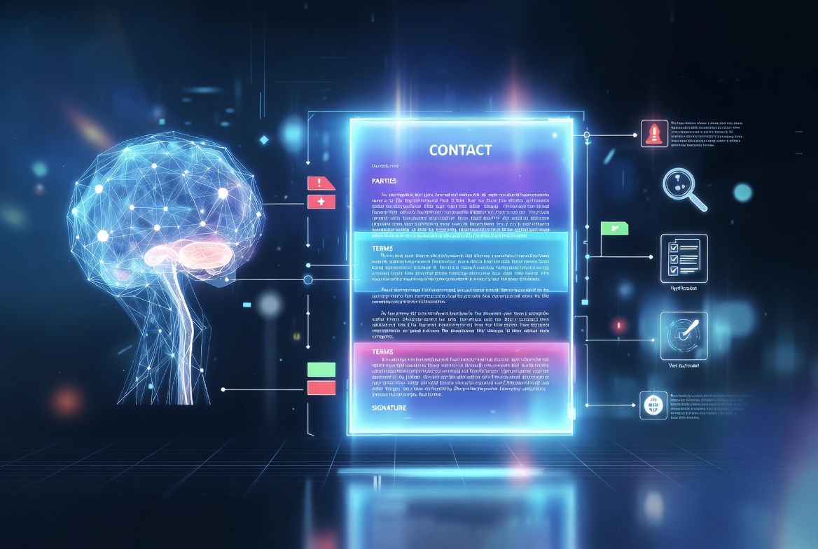 AI-assisted contract analysis visual with digital contract screen and risk indicators
