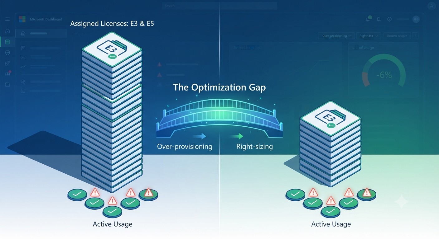 Optimization gap between over-provisioned and right-sized Microsoft E3 and E5 licensing