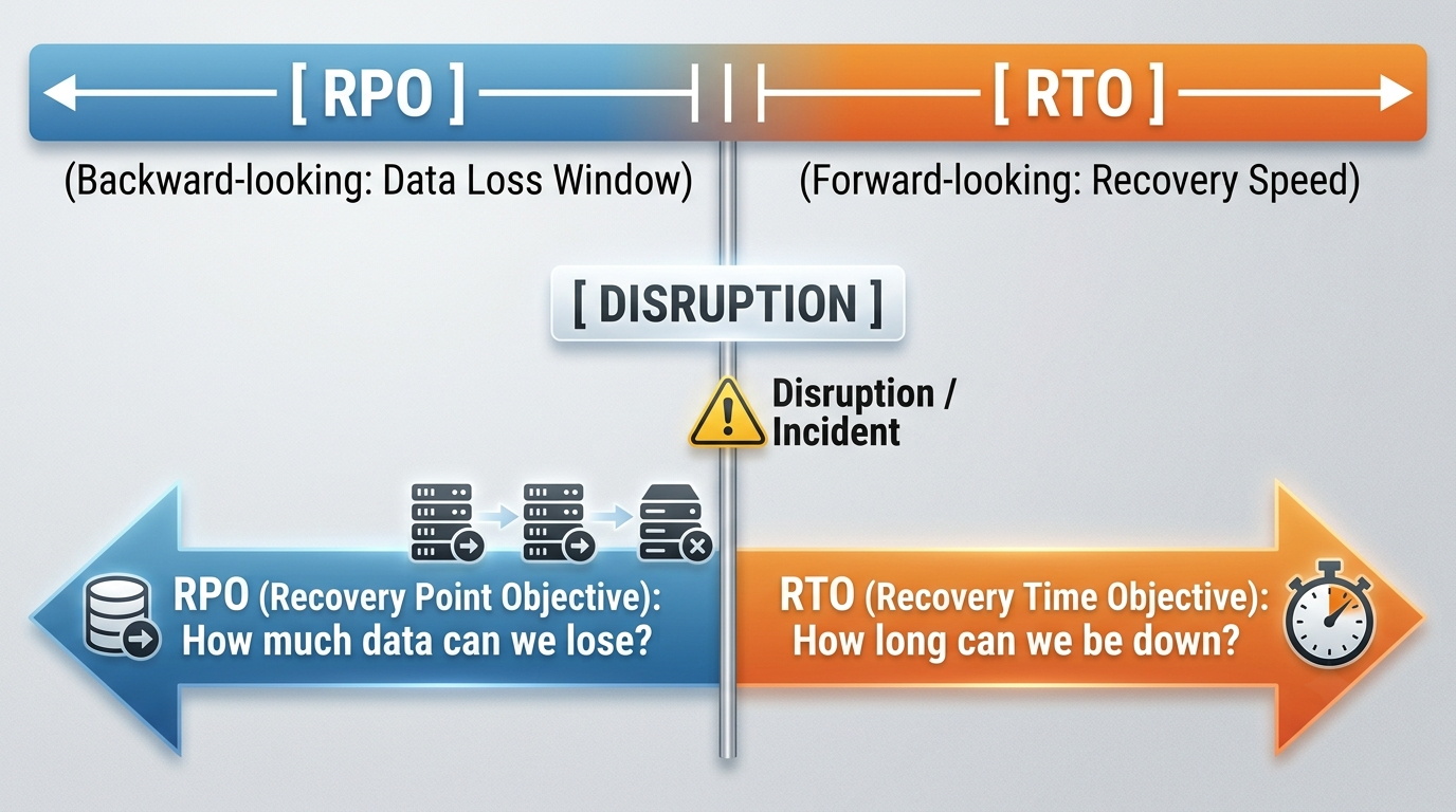 RTO and RPO timeline showing downtime and data loss tolerance