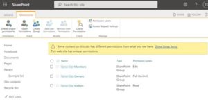 The permission settings in SharePoint for a user profile